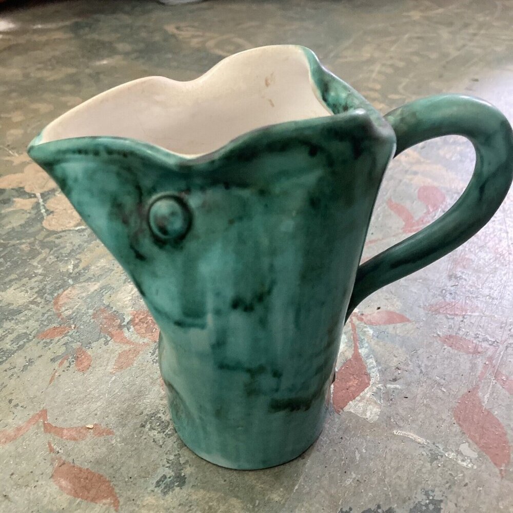 Vintage Modern Amorphous Italian turquoise ceramic pitcher Ombre Celadon Gla…